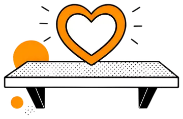 A minimalist illustration showing an empty shelf with a prominent orange heart symbol above it, set against a transparent background. The design features simple shapes and outlines, creating a clean, 