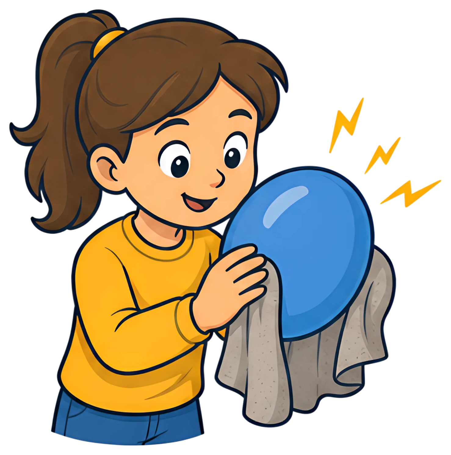 A cheerful child in a yellow sweater is rubbing a blue balloon with a grey cloth, demonstrating static electricity. The illustration features playful energy lines around the balloon to indicate the fr