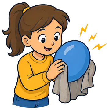 A cheerful child in a yellow sweater is rubbing a blue balloon with a grey cloth, demonstrating static electricity. The illustration features playful energy lines around the balloon to indicate the fr