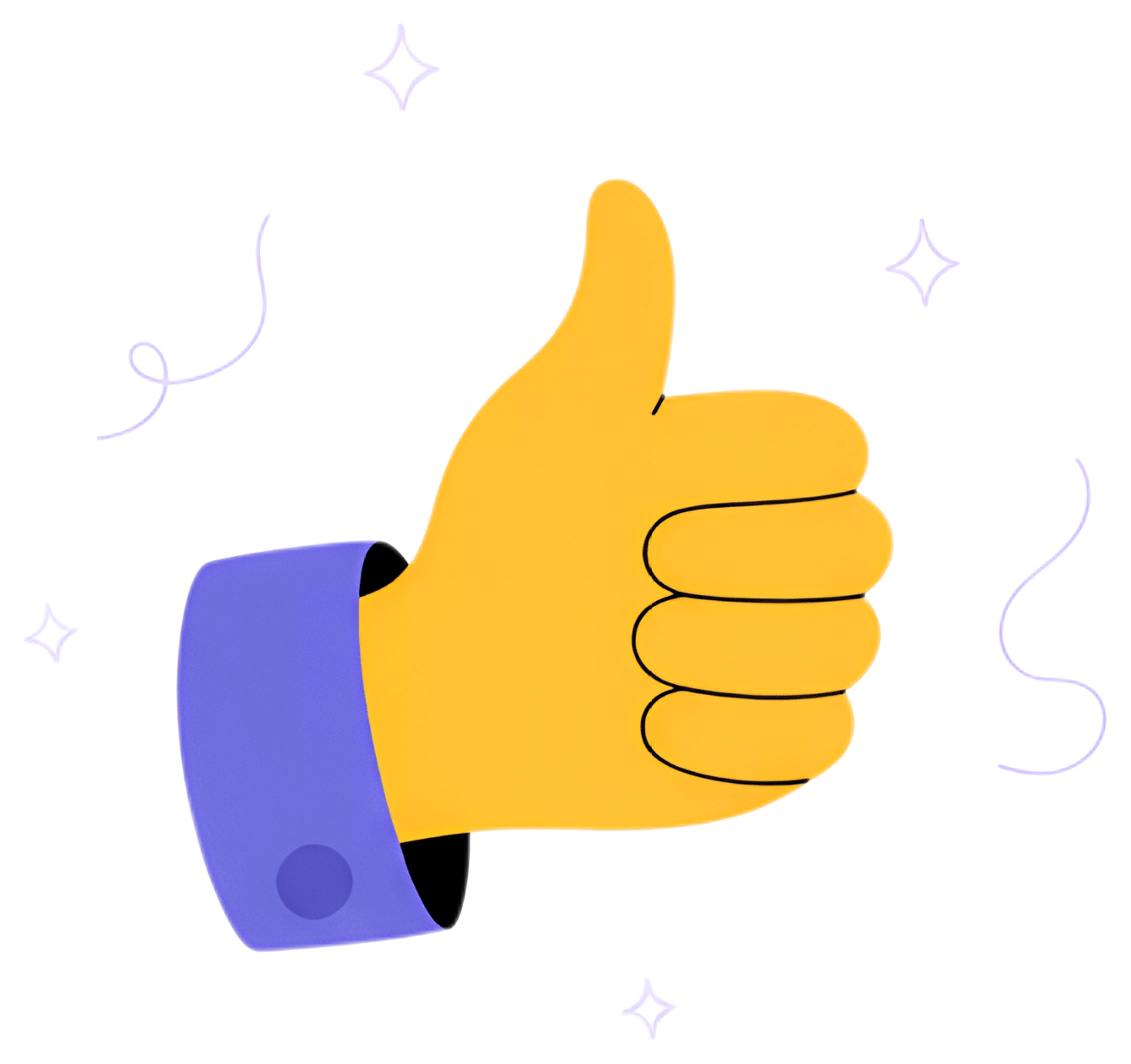 A bright yellow thumbs up hand gesture is displayed with a purple sleeve partially visible. The hand is stylized with a smooth finish and surrounded by small decorative sparkles, creating a cheerful,