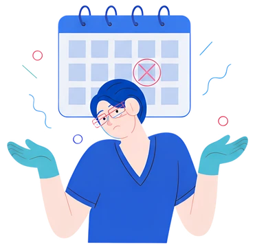 A doctor in a blue uniform with green gloves shrugs expressively in front of an empty calendar, marked with a red 'X'. The doctor has short blue hair and glasses, conveying a sense of disappointment. 