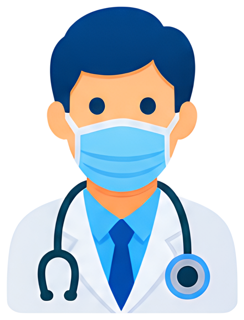 A friendly cartoon doctor with a blue face mask and a stethoscope around his neck. He has short dark hair and is dressed in a white coat over a blue shirt and tie, presenting a professional appearance