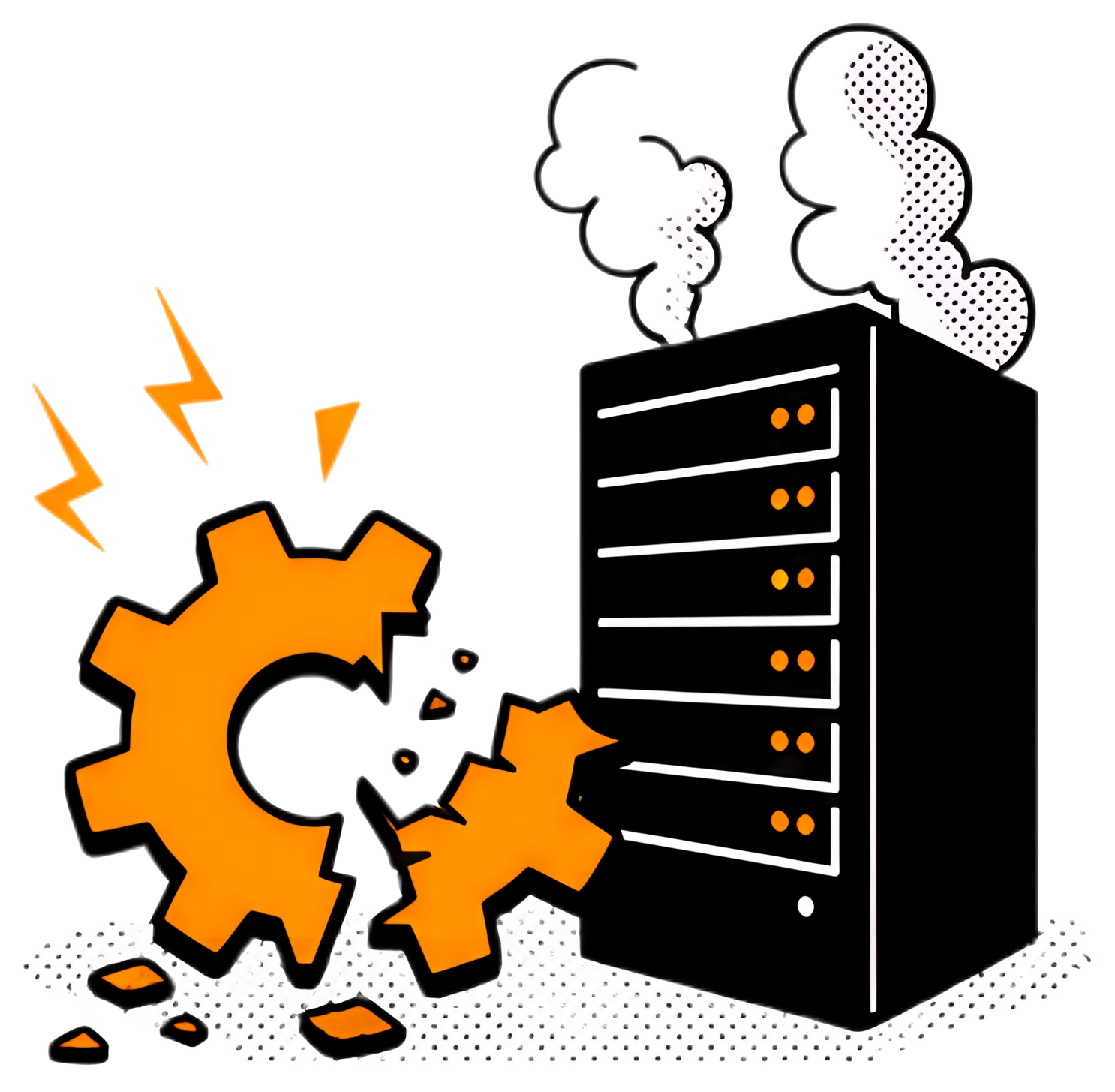 A broken orange gear bursts apart near a black server rack, which is emitting smoke. The scene includes crackling lightning effects, highlighting the dramatic failure of the server. The overall style,
