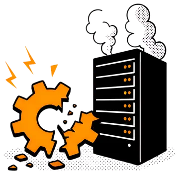 A broken orange gear bursts apart near a black server rack, which is emitting smoke. The scene includes crackling lightning effects, highlighting the dramatic failure of the server. The overall style,