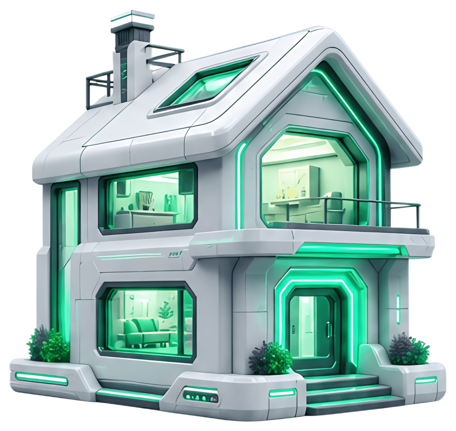 A three-dimensional house features a sleek white exterior with glowing green neon accents that illuminate parts of the structure, creating a striking look against a dark background. The design is both