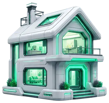 A three-dimensional house features a sleek white exterior with glowing green neon accents that illuminate parts of the structure, creating a striking look against a dark background. The design is both