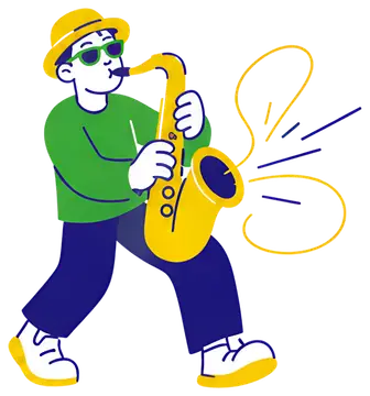 Quirky character playing saxophone
