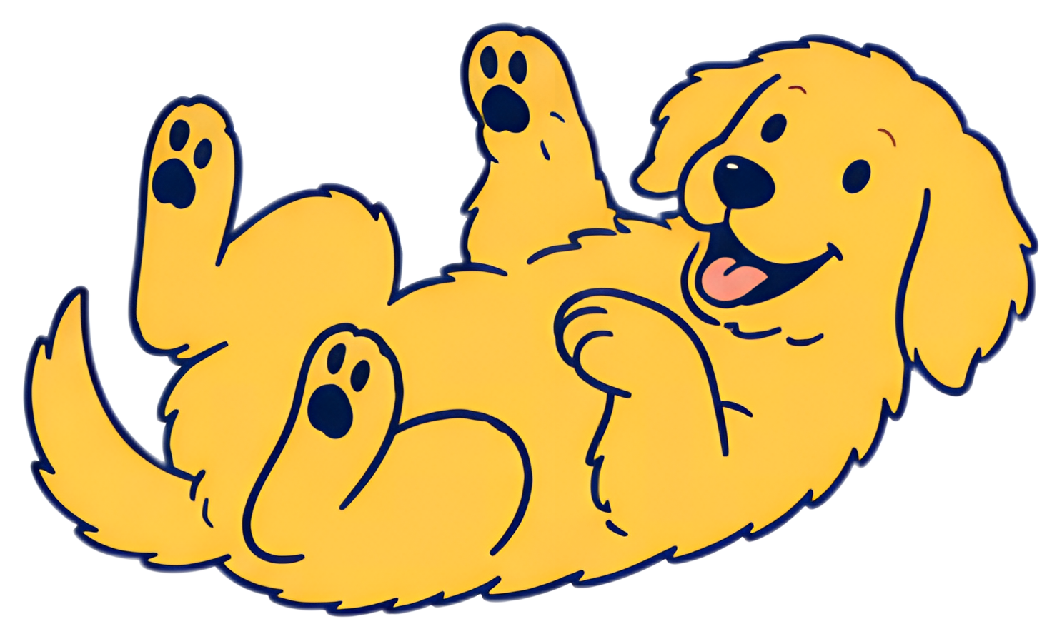 A cheerful golden retriever puppy is lying on its back with its paws in the air, displaying a joyful expression. The puppy's coat is fluffy and bright yellow, emphasized by black paw pads and facial, 