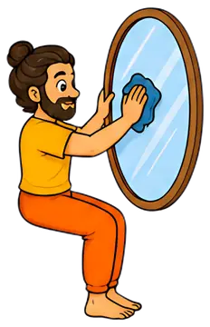A yoga instructor sits in a chair pose while cleaning a mirror. Dressed in a bright yellow shirt and orange pants, he holds a blue cloth as he polishes the glass. The mirror has a wooden frame and the
