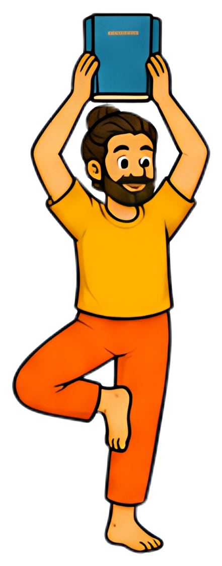 A man stands in a tree pose, balancing on one leg while holding a blue book above his head. He has a cheerful expression and wears an orange pair of pants and a yellow shirt, set against a minimal, no