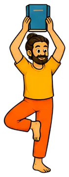 A man stands in a tree pose, balancing on one leg while holding a blue book above his head. He has a cheerful expression and wears an orange pair of pants and a yellow shirt, set against a minimal, no