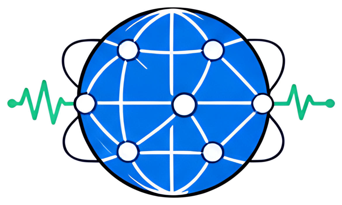 A stylized blue globe with white interconnected lines and nodes, featuring green data pulses around its perimeter. The design symbolizes connectivity and data flow in a digital context.