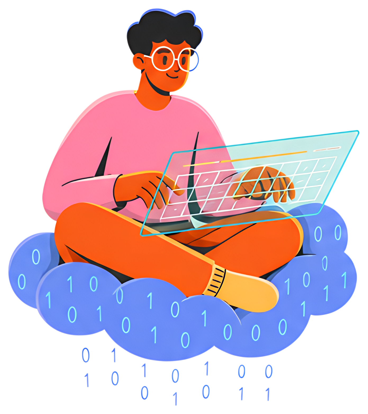 A programmer, dressed in a pink top and oversized glasses, sits cross-legged on a fluffy blue cloud made of binary code. They are engaged in typing on a translucent holographic keyboard, with a bright