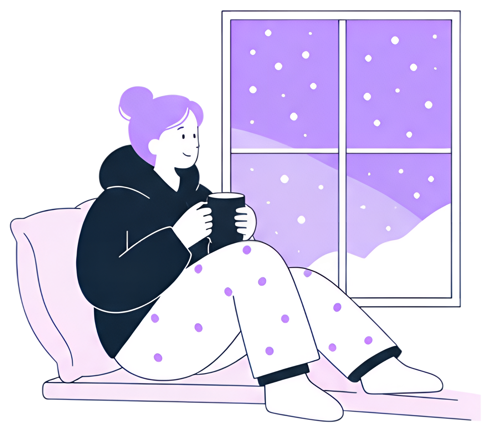 A character with a content expression sits on a windowsill, leaning against a pillow. Dressed in a black hoodie and dotted pajamas, they hold a warm drink while watching the snow fall outside through