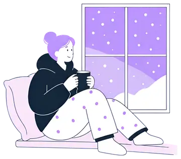 A character with a content expression sits on a windowsill, leaning against a pillow. Dressed in a black hoodie and dotted pajamas, they hold a warm drink while watching the snow fall outside through 