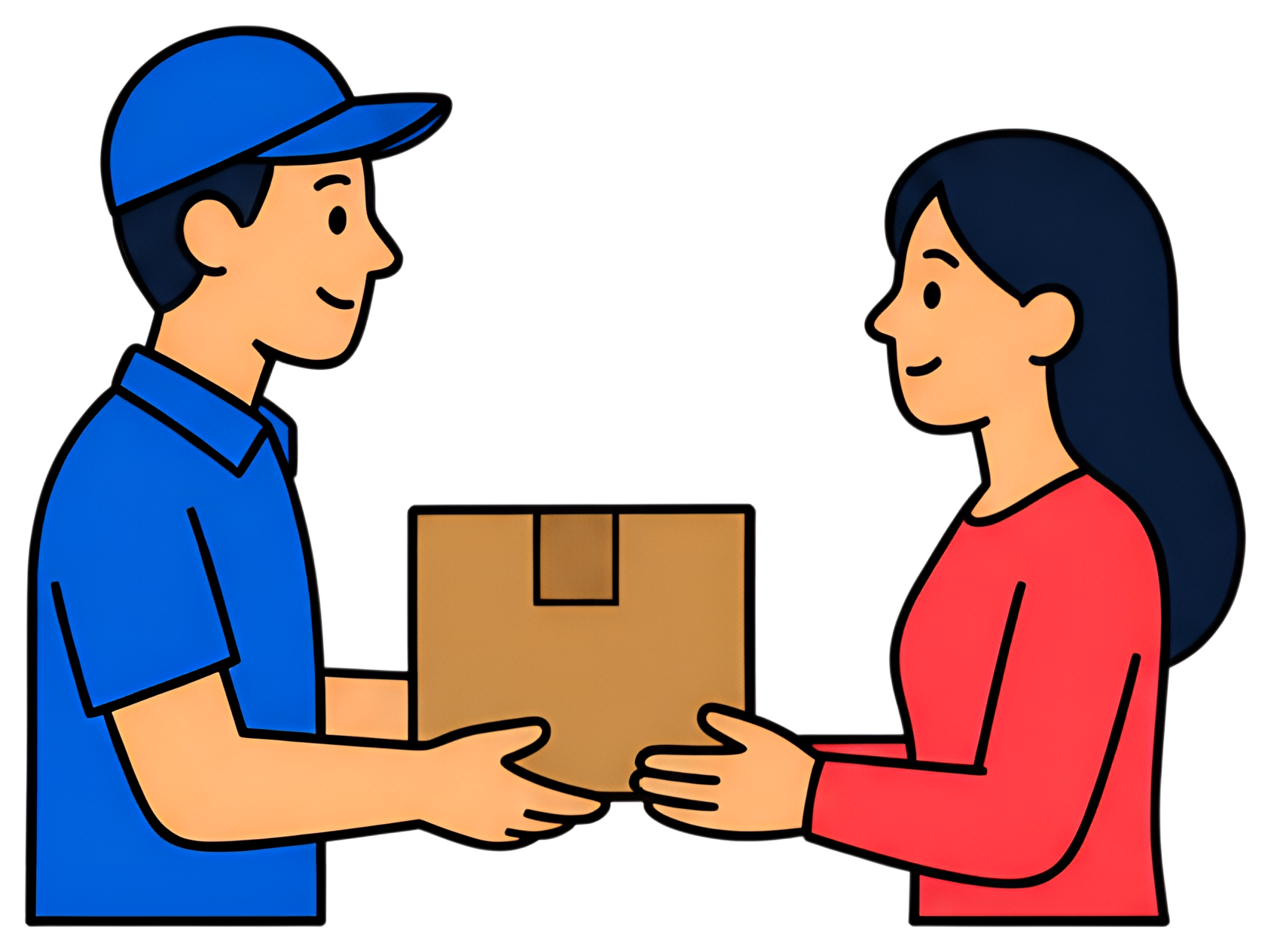 A delivery courier in a blue uniform hands a brown package to a woman in a red top. Both individuals are smiling, showcasing a friendly delivery interaction.