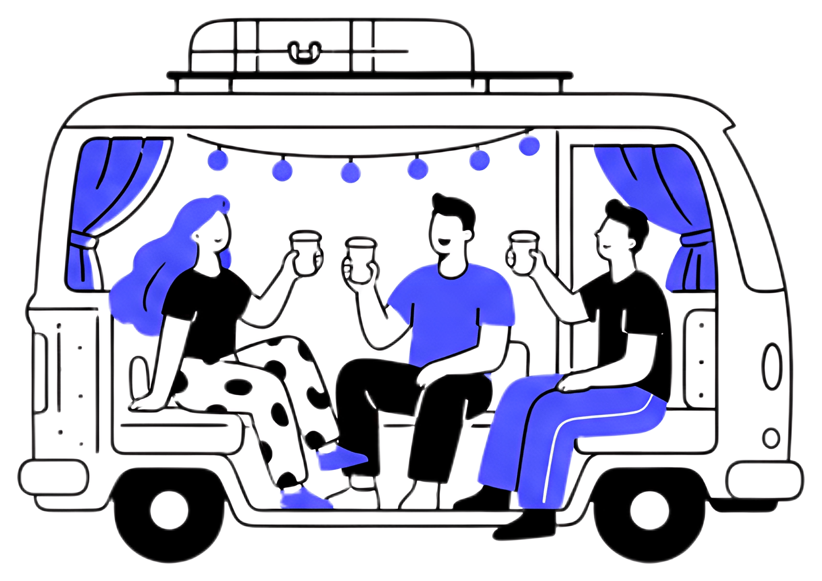Three friends are inside a cozy vintage camper van, joyfully cheering with coffee cups. The scene features colorful accents like blue curtains and playful decorations, emphasizing a cheerful and warm,
