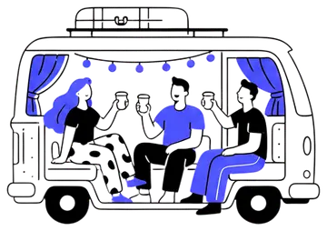 Friends Cheering with Coffee in Camper Van