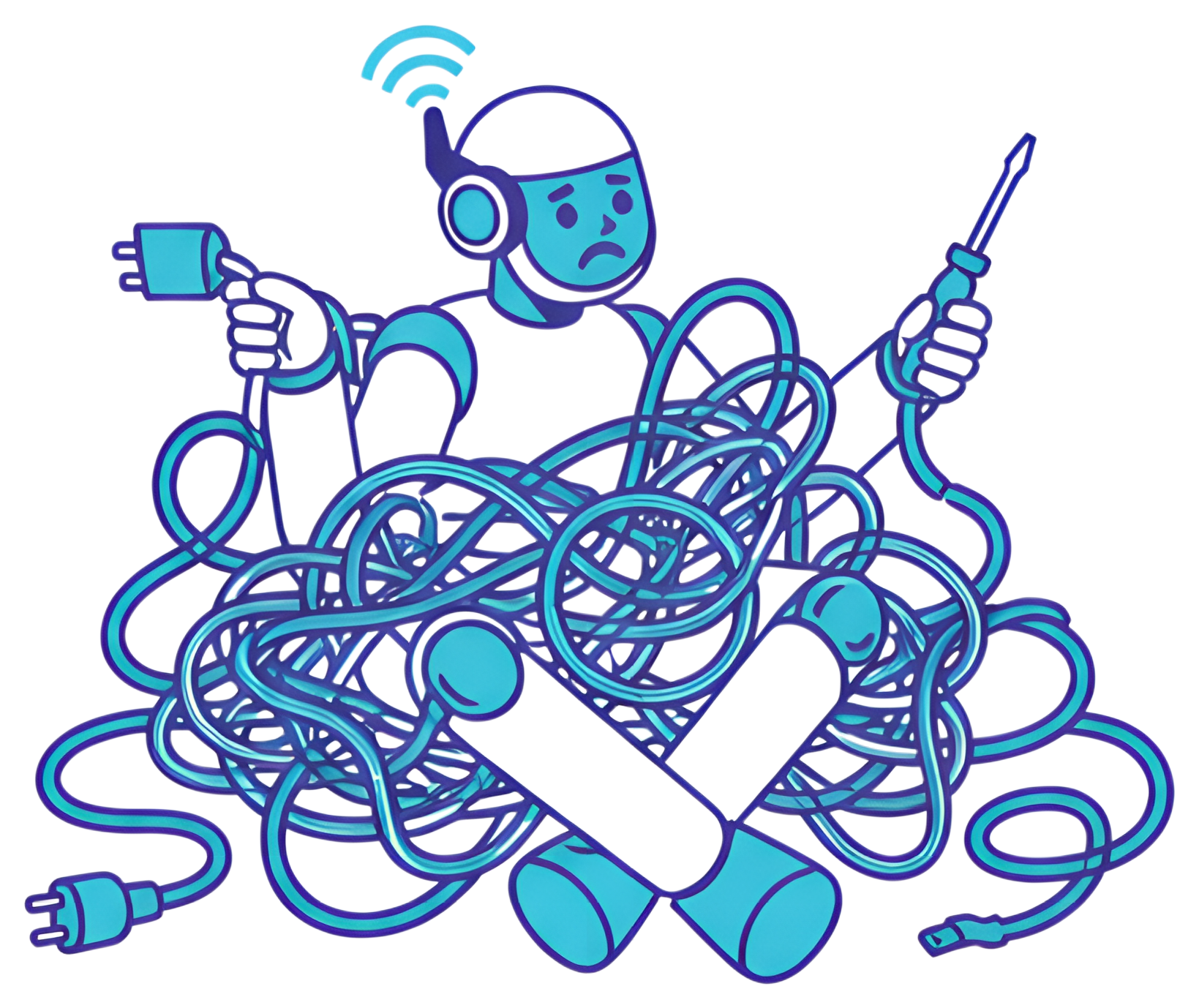 A robot with a sad expression is surrounded by a chaotic mess of wires and cords, holding a screwdriver in one hand and a plug in the other. The color palette features various shades of blue, giving a