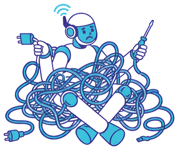 Frustrated robot tangled in wires