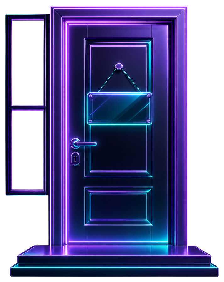 A closed door features a glowing sign that reads 'Coming Soon', framed by luminescent outlines. The design is set against a dark background, with a hint of starry night visible outside the window on a