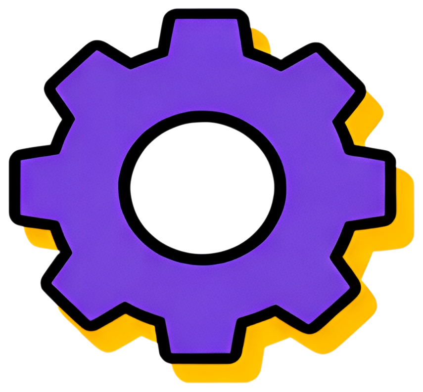 A bold purple gear icon featuring a central hole, outlined in black, with yellow accents around the edges. The design is minimal and focused, emphasizing the gear's cog shape.