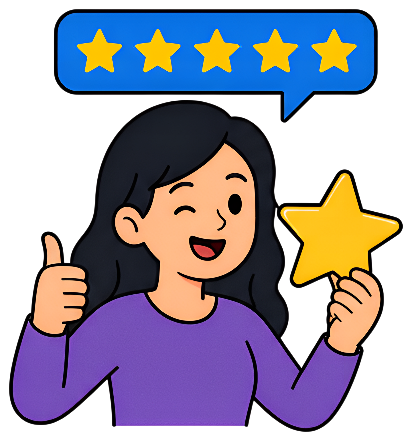 A cheerful woman with long dark hair gives a thumbs up while winking, holding a yellow star in one hand. Above her head are five yellow stars displayed in a speech bubble against a blue background, ex