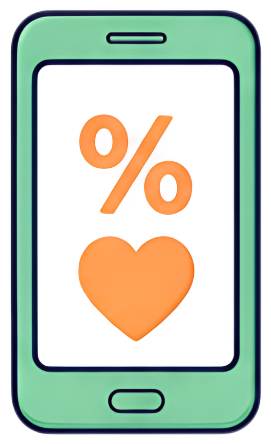 A stylized phone with a green frame shows a screen featuring an orange percentage symbol and a heart icon on a white background. The design is minimalistic and colorful, focusing on the theme of '5%'.