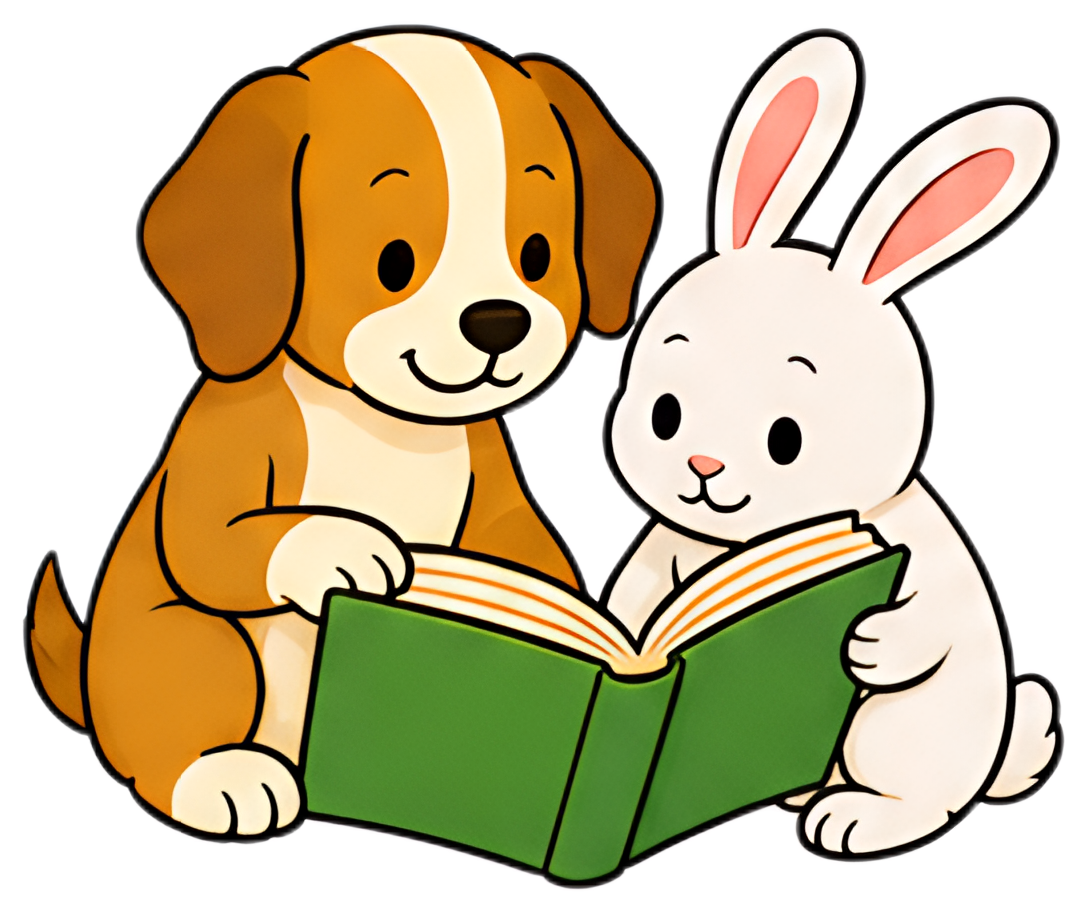 A friendly dog and a cute rabbit sit side by side, focusing on a green book placed between them. The dog has a light brown coat with white patches, while the rabbit is predominantly white with pink-tw