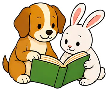 A friendly dog and a cute rabbit sit side by side, focusing on a green book placed between them. The dog has a light brown coat with white patches, while the rabbit is predominantly white with pink-tw