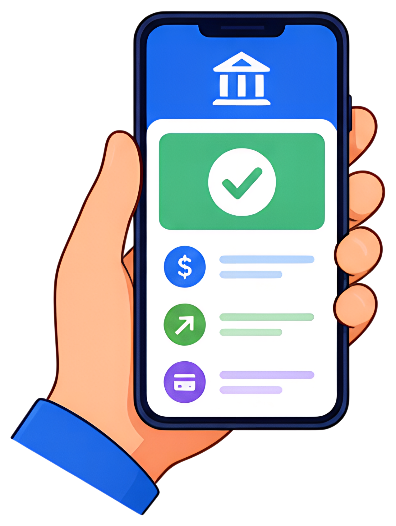 A hand holding a smartphone with a blue and white banking app interface. The screen features a green checkmark, various icons like a dollar sign, arrows, and a credit card. The design has a modern and