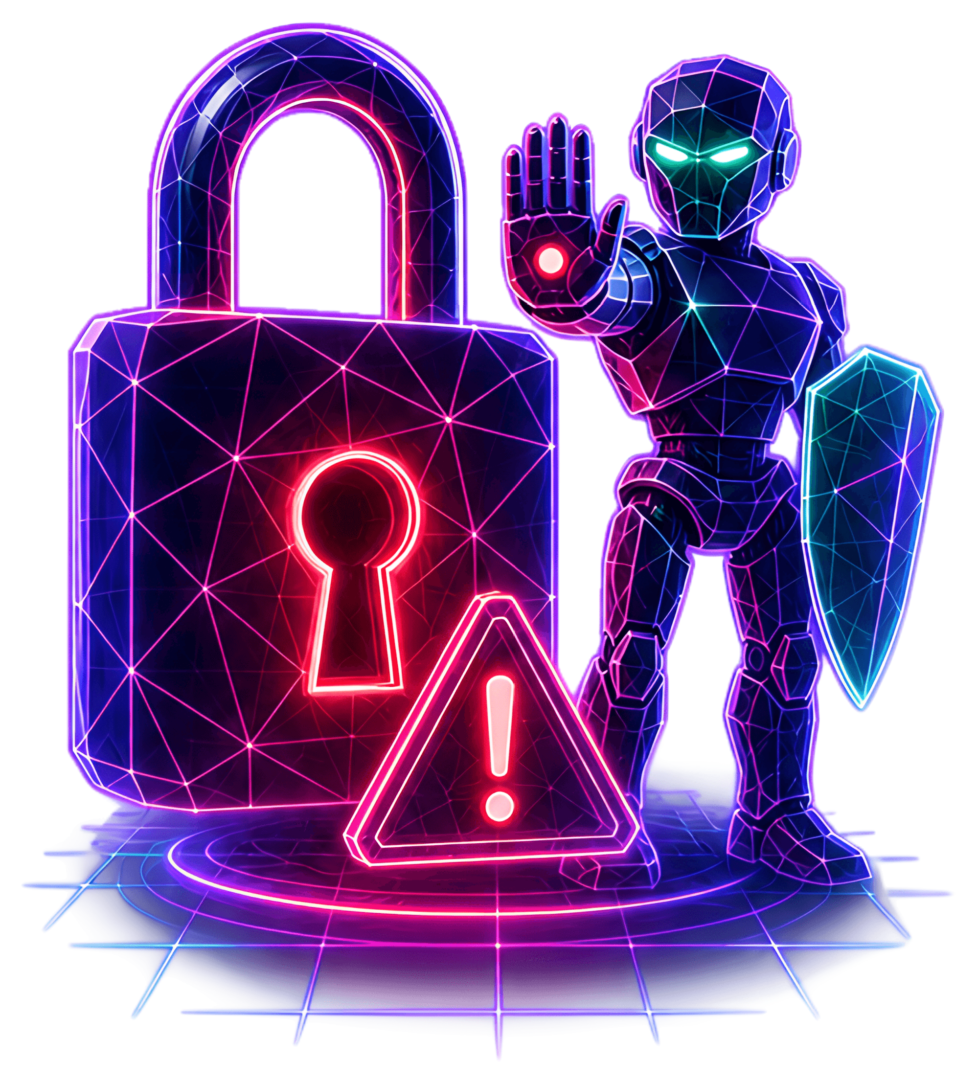 A futuristic robot with glowing features stands in front of a large padlock, signaling a warning with a raised hand. The padlock emits a vivid red glow, while a triangular warning sign with an exclam!