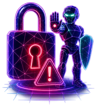 Cybersecurity Robot with Lock and Warning Sign