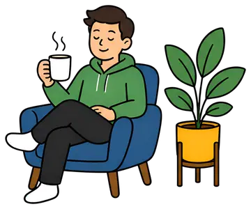 Relaxed person with coffee and plant