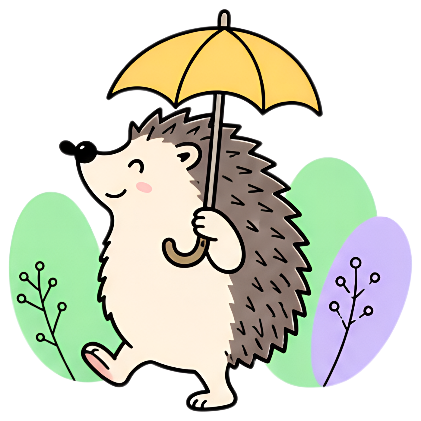 A cute hedgehog stands on two legs, joyously carrying a miniature yellow umbrella above his head. The hedgehog has a friendly smile, surrounded by pastel-colored leaves in green and purple, creating a