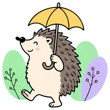 Cheerful hedgehog walking with yellow umbrella