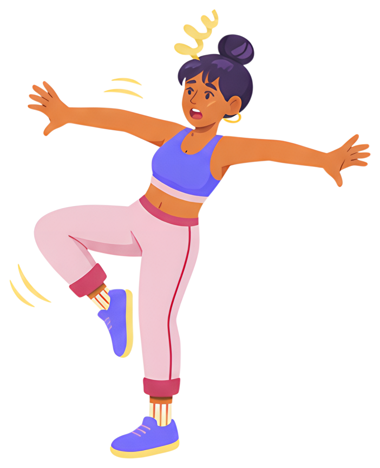 A yoga practitioner with a surprised expression is mid-fall from a tree pose, balancing on one leg with arms extended. She is dressed in a blue top and light pink pants, illustrated in a vibrant, fun,