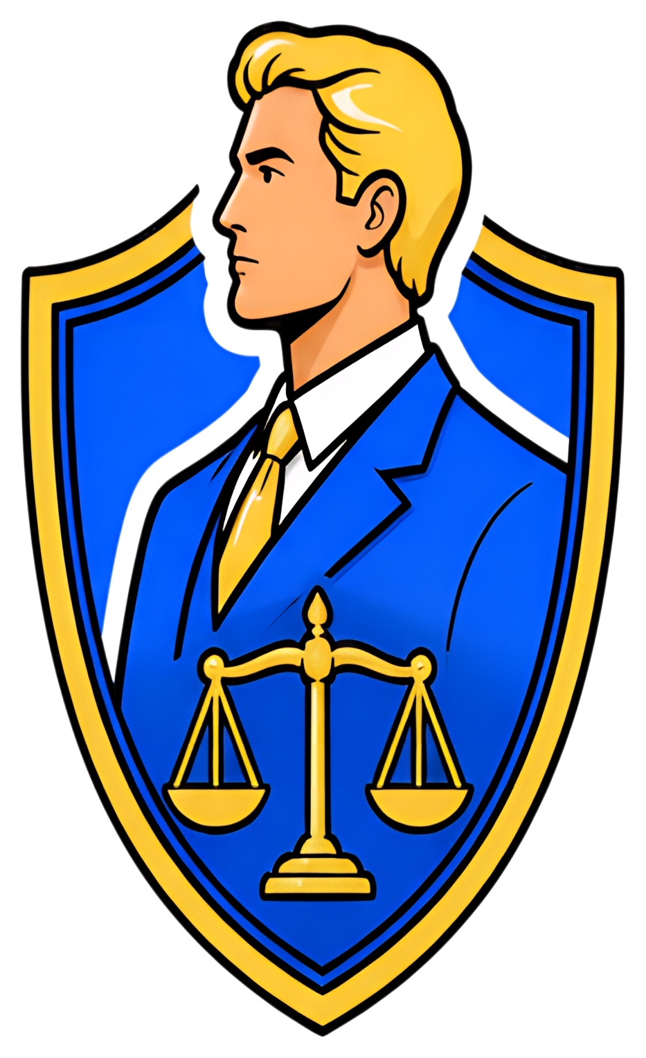 A stylized silhouette of a lawyer set against a blue shield, featuring a gold tie and a scales of justice icon at the base. The image combines vibrant blue and yellow elements for a striking visual.