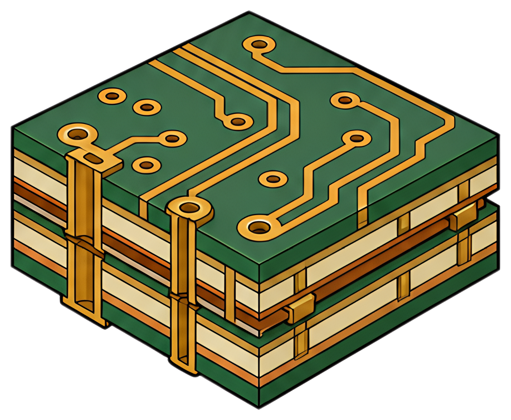 A detailed illustration of a multilayer printed circuit board featuring green and gold traces, transition holes, and stacked layers that show a cross-section view. The design has a clean and modern is