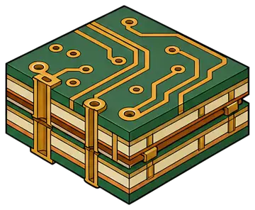 A detailed illustration of a multilayer printed circuit board featuring green and gold traces, transition holes, and stacked layers that show a cross-section view. The design has a clean and modern is