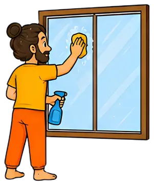 A yoga instructor stands in a mountain pose while cleaning a window with a sponge. He wears an orange shirt and pants, holding a blue spray bottle in one hand, and has long hair tied in a bun, showing