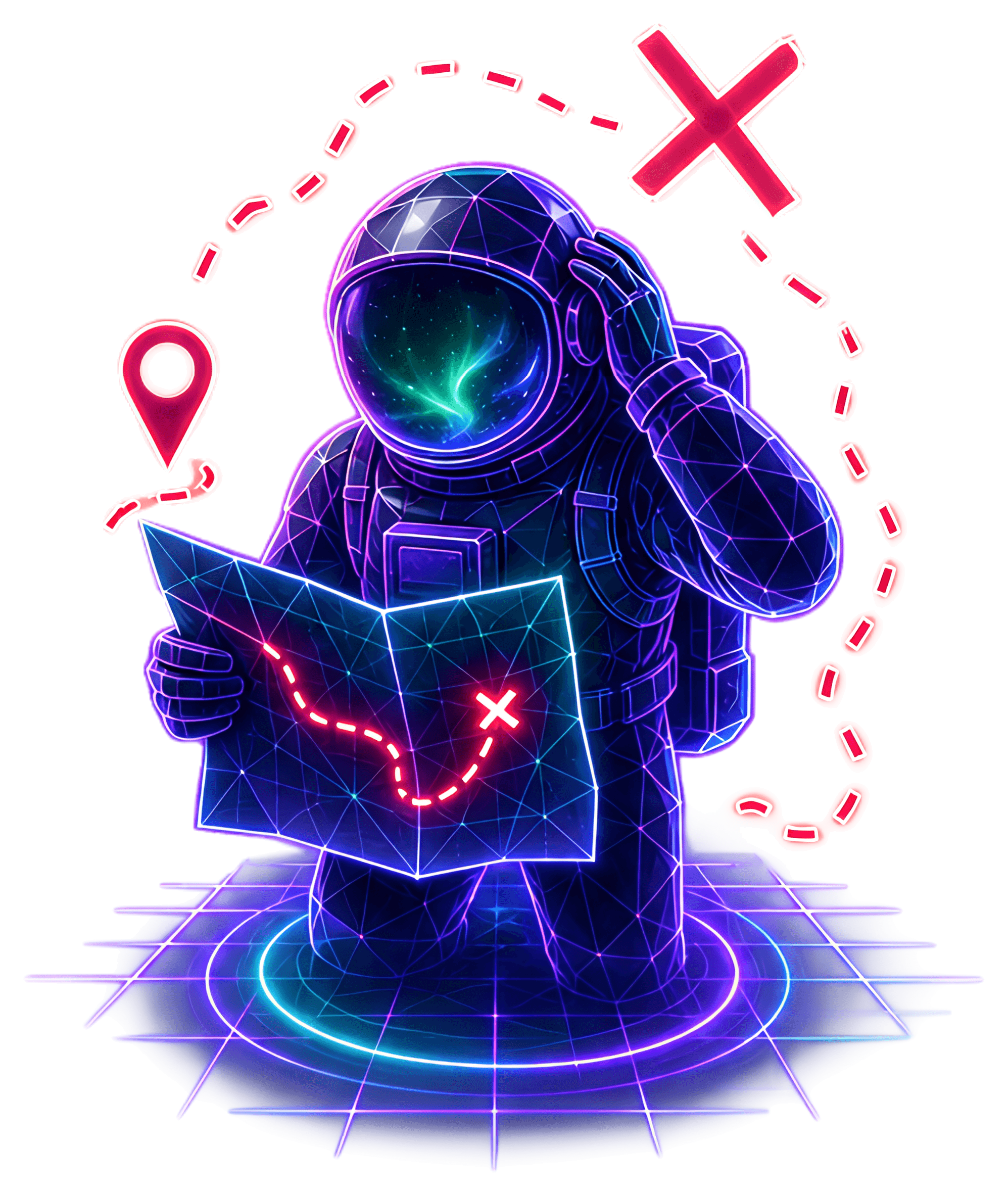 An astronaut stands perplexed while holding a futuristic map, featuring a red broken path marked with an 'X'. The scene is illuminated with neon colors, including bright red and blue, set against a黑色底