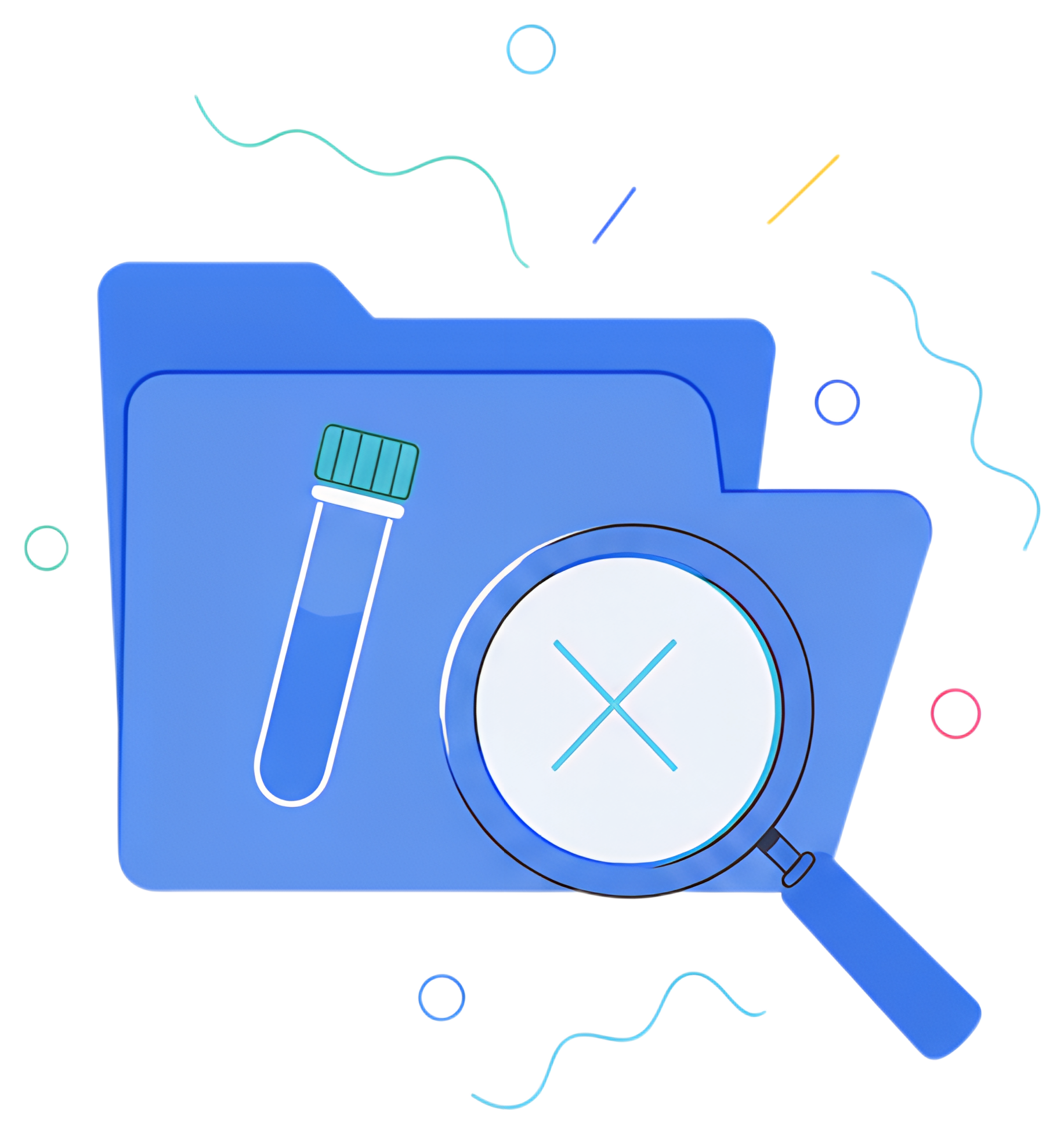 A blue folder sits open, featuring a test tube inside with a teal cap. A magnifying glass, showing a cancellation symbol, hovers nearby, indicating that no results are found. The image is embellished 