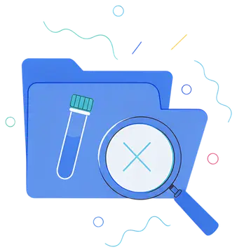A blue folder sits open, featuring a test tube inside with a teal cap. A magnifying glass, showing a cancellation symbol, hovers nearby, indicating that no results are found. The image is embellished 