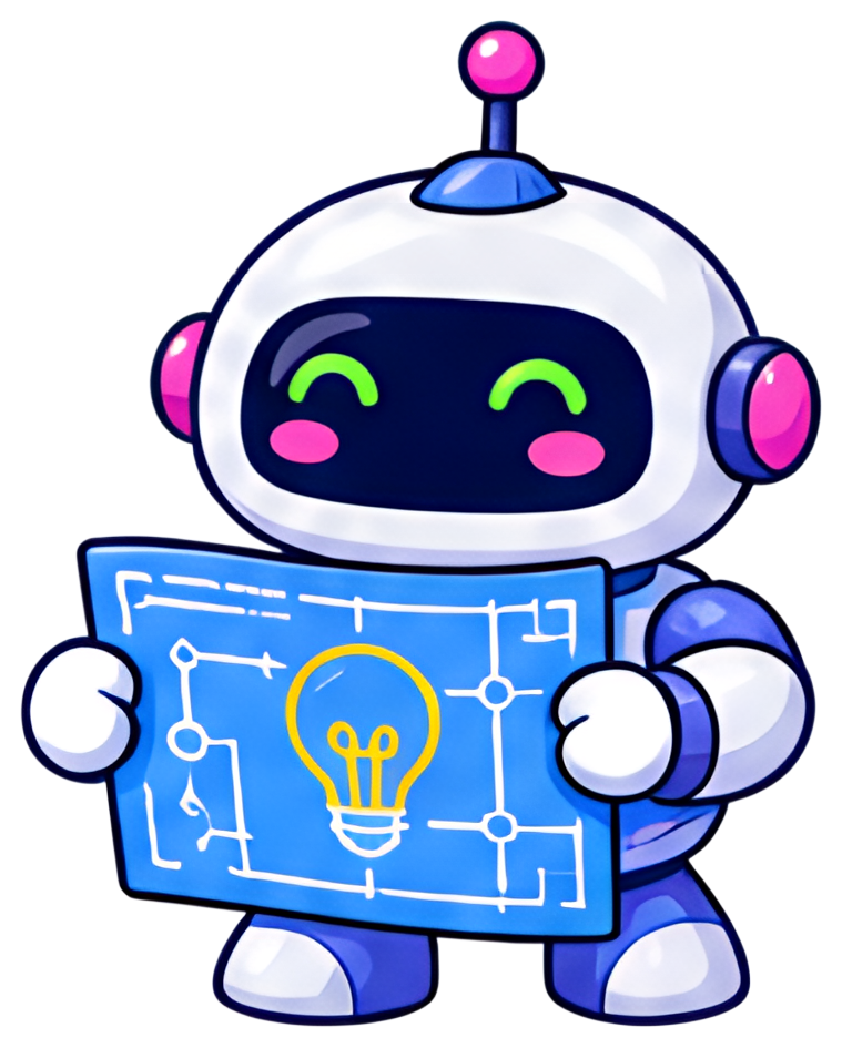 A cheerful little android with antennas on its head is joyfully holding a blue blueprint featuring a light bulb drawing. The design is colorful, showcasing a mix of white, blue, yellow, and pink hues,