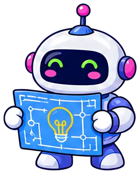 Cute android holding a light bulb blueprint