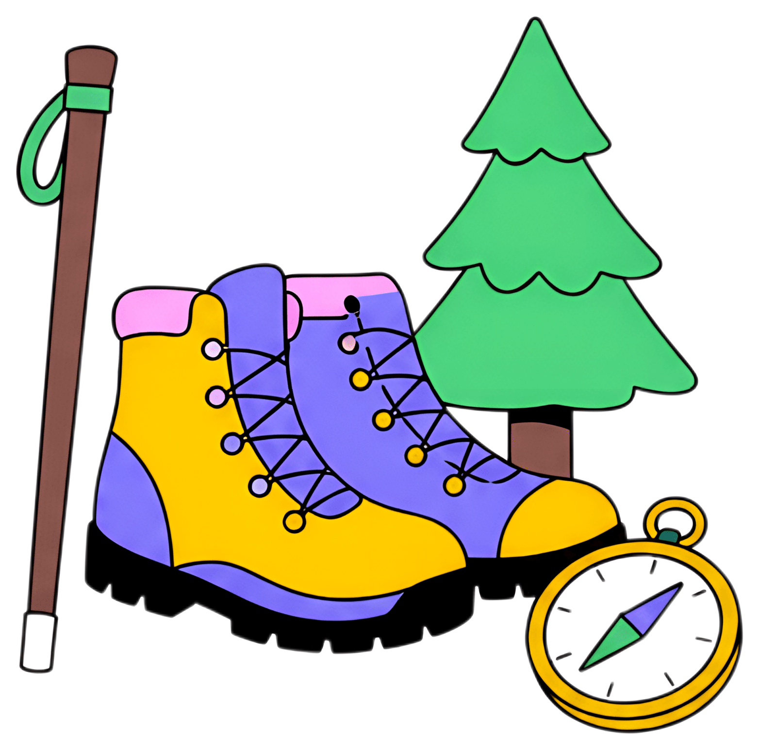 A pair of vibrant yellow and purple hiking boots are displayed alongside a wooden walking stick, a classic compass featuring a green and purple needle, and a stylized green pine tree, all set againsta
