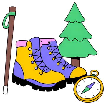 Hiking Boots with Walking Stick and Compass