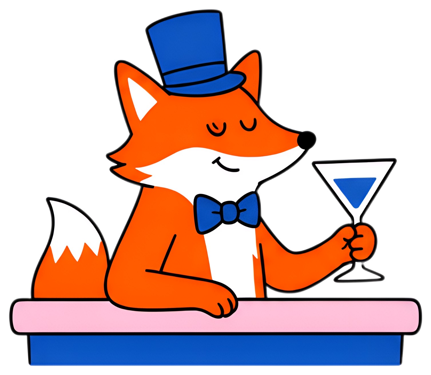 A cheerful orange fox wearing a blue top hat and bow tie sits at a pink bar counter, holding a martini glass filled with blue liquid. The fox has a content expression, adding to the whimsical scene.