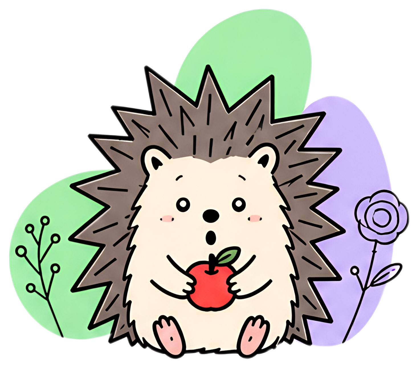 A small hedgehog with a surprised expression features spines that resemble a star pattern. It holds a tiny red apple in its paws, set against soft green and purple background shapes with delicate flor